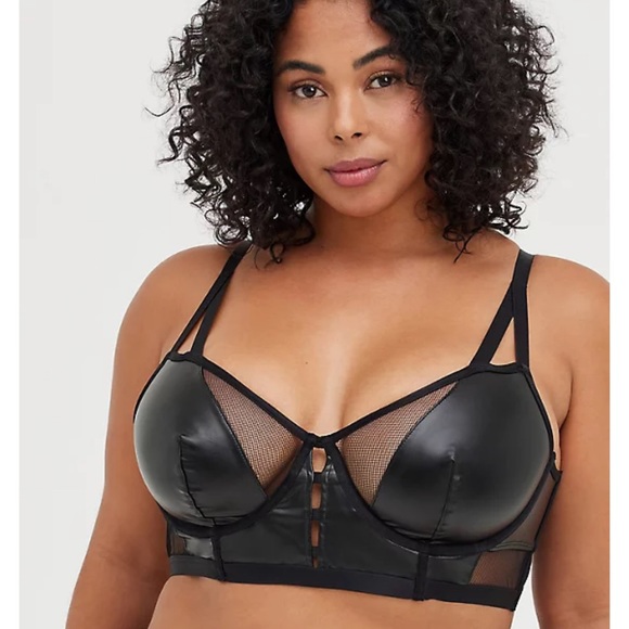 Torrid Faux Leather Mesh Black Unlined Longline Underwire Bralette